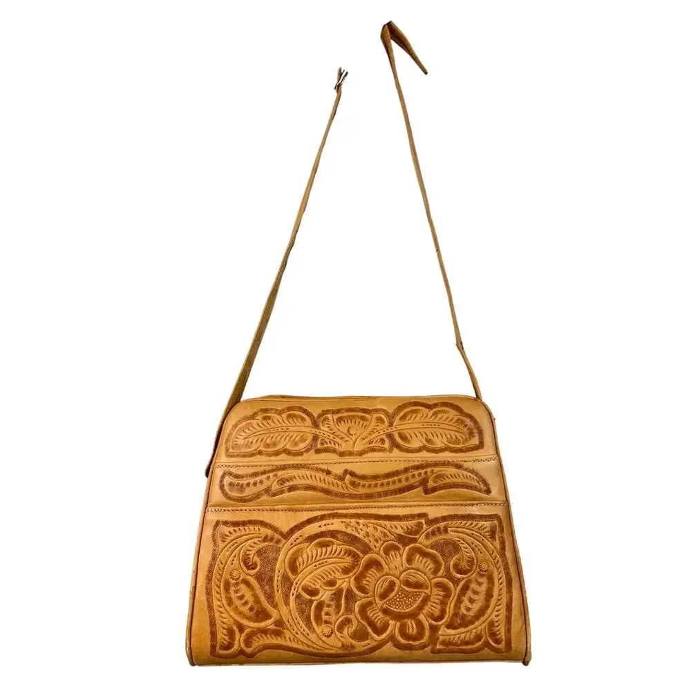 Vintage Tooled Embossed Floral Leather Western Style Shoulder Purse Bag